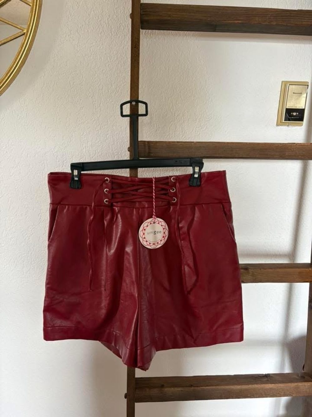 Umgee Red Faux Leather Lace-Up High Waist Shorts